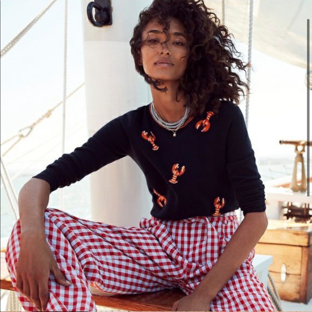 JCrew cashmere sweater in lobster print.